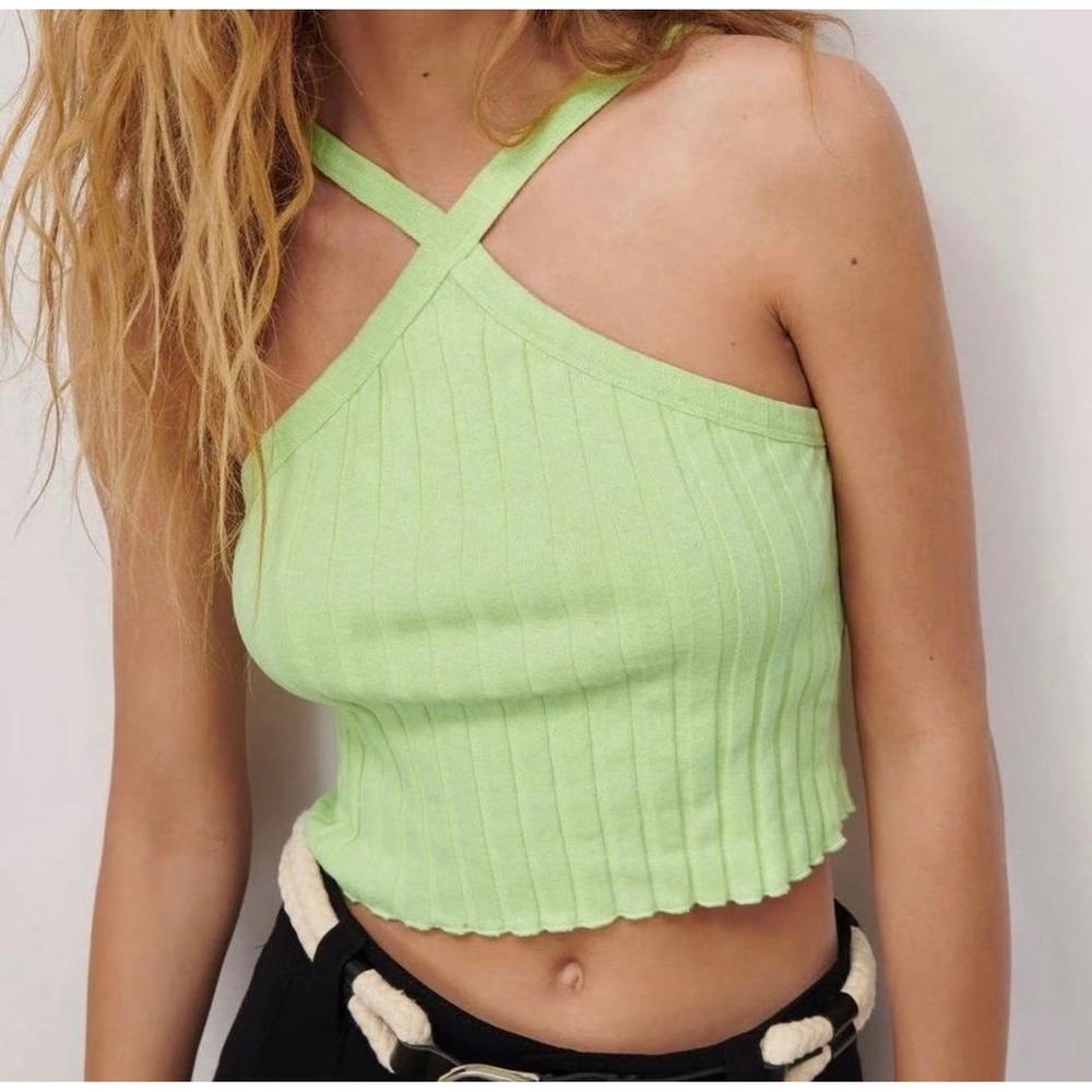 Zara Ribbed Halter Top Women Medium Lime Green